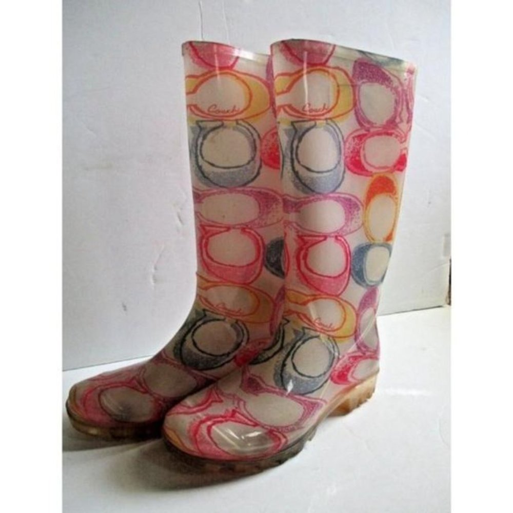 Coach Blue Pink Jelly Multi Color Signature Logo Knee High Rubber Rain Boots - Picture 2 of 11